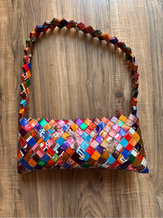 Handmade Handbags - Vintage 1990s Handmade Woven Candy/Gum Wrapper Shoulder Bag Colorful Folk Art